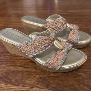 Italian Shoemakers Cork Wedge Slip On Sandals Rainbow Metallic Knit Size 9.5 EUC